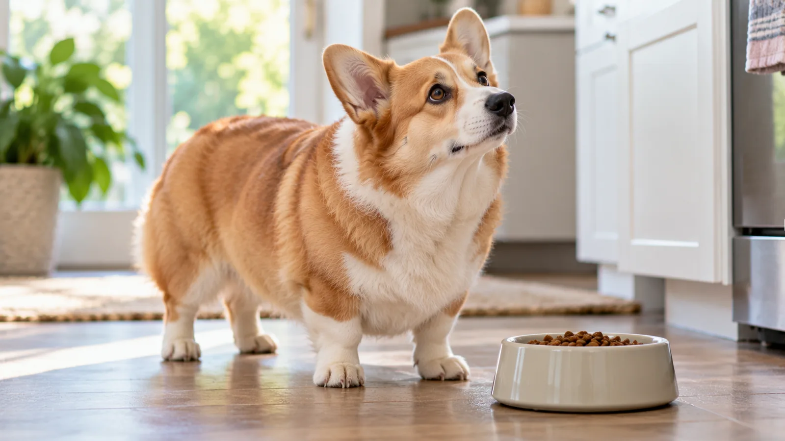 A Pembroke Welsh corgi standing on a kitchen floor beside a full bowl of kibble, looking up.
